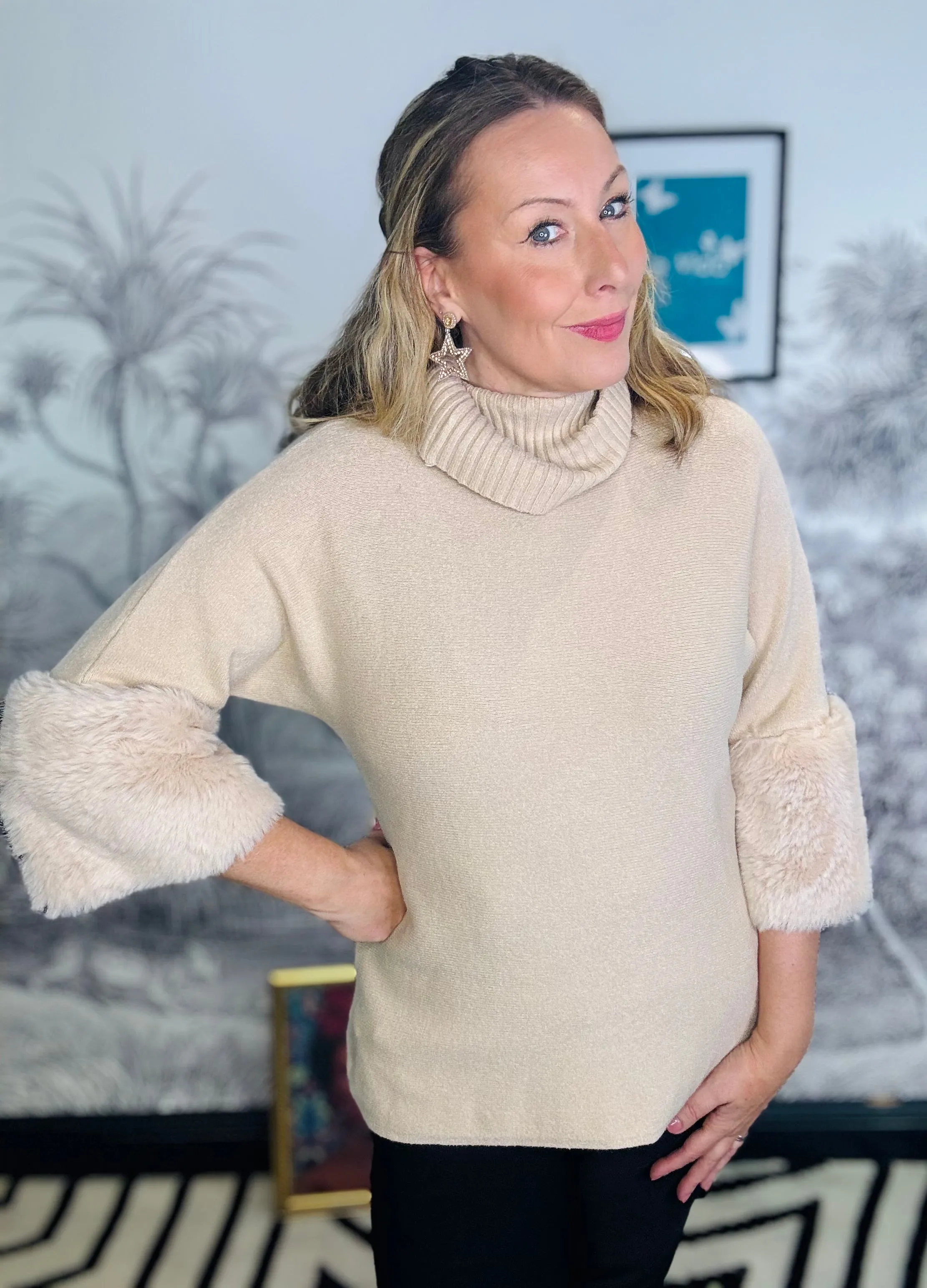 Aspen Roll Neck Jumper with Faux Fur Cuffs