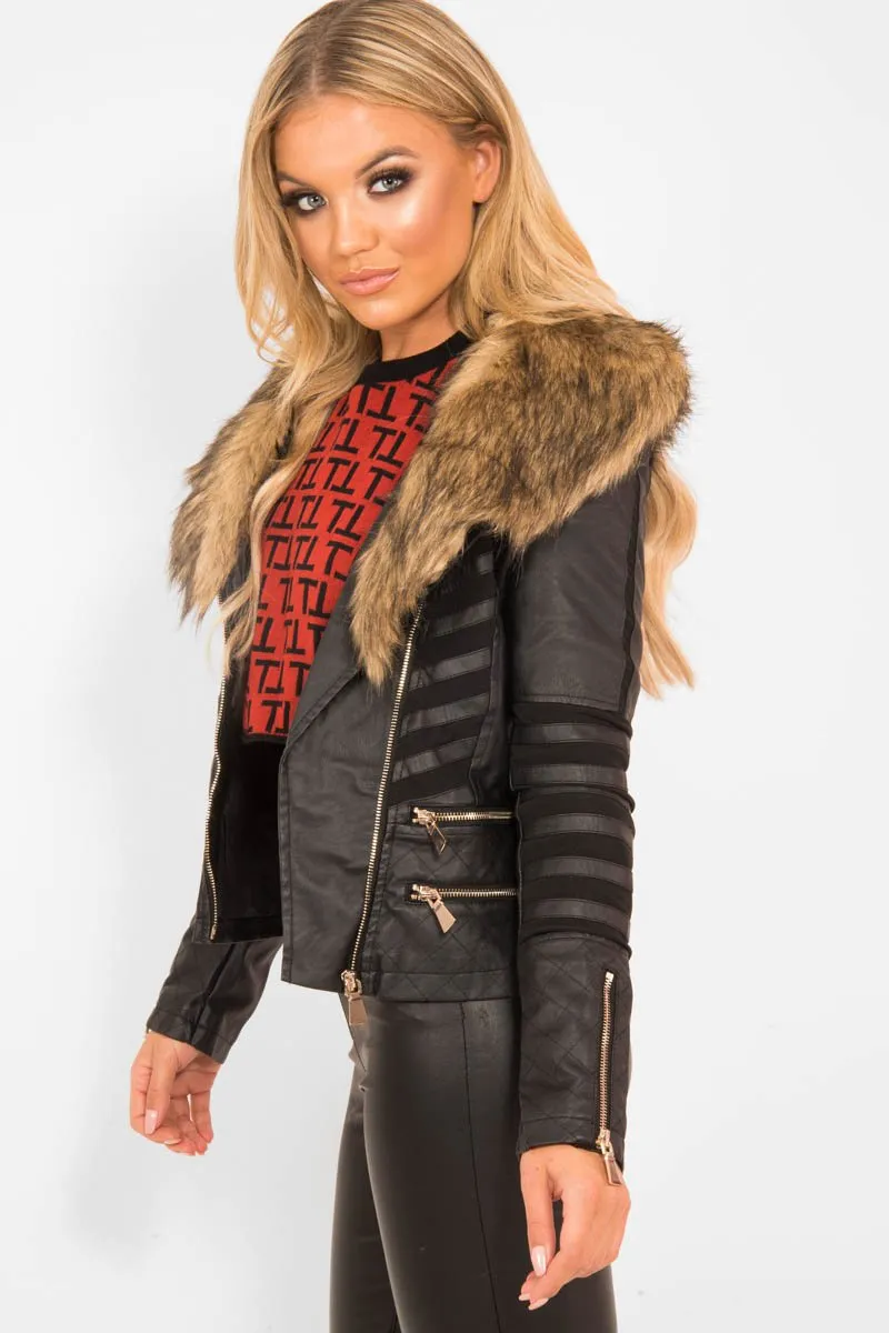 Black Biker Faux Fur Collar Jacket - Kaydi