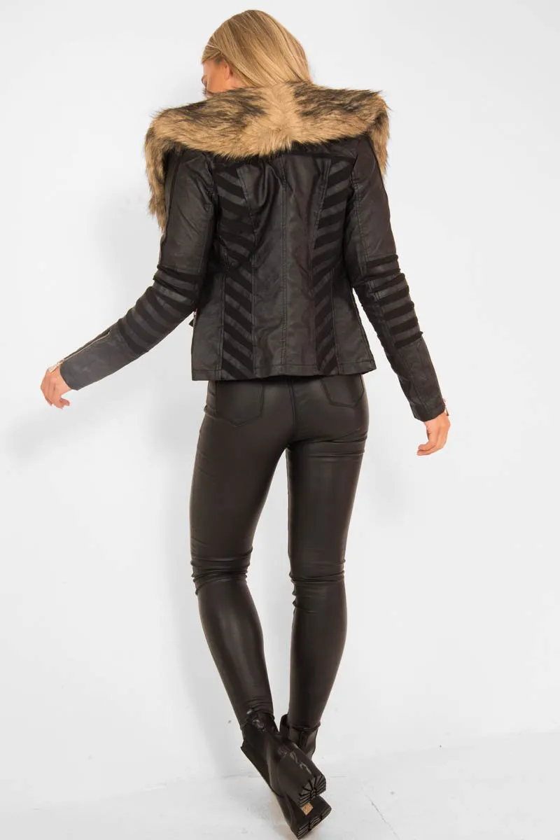 Black Biker Faux Fur Collar Jacket - Kaydi