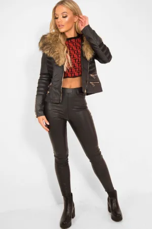 Black Biker Faux Fur Collar Jacket - Kaydi