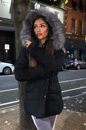 Black Fur Trim Adjustable Waist Puffer Coat - Rossie