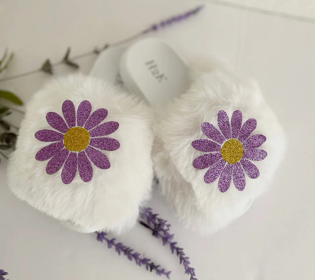 Daisy slippers/ Mom slippers /Flexible slip on open toe style/daisy flower fur furry slide