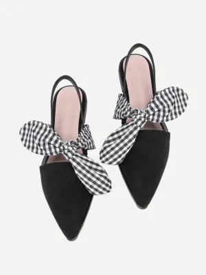 Gingham Bow Tie Decorated Pointed Toe Flats