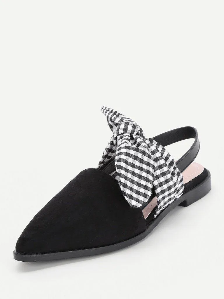 Gingham Bow Tie Decorated Pointed Toe Flats