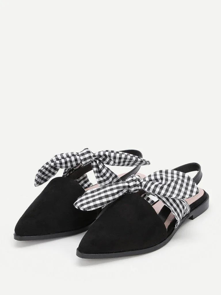 Gingham Bow Tie Decorated Pointed Toe Flats