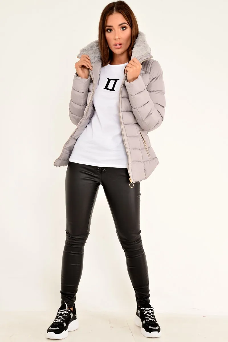 Grey Fur Lined Ring Pull Puffer Coat - Riko