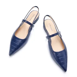 Pointed Toe Crozzling Slingback Flats (Freya) Navy