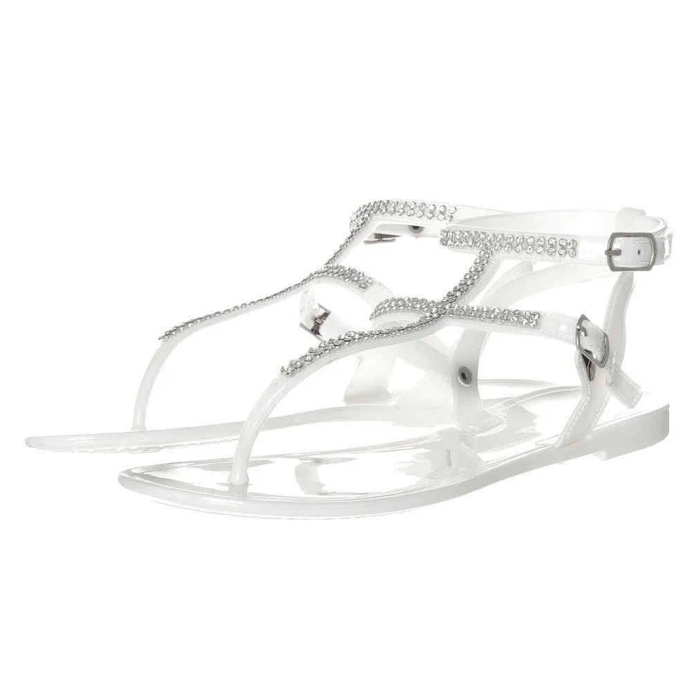 Snow White Flat Diamante  Gladiator T-Bar Sandal