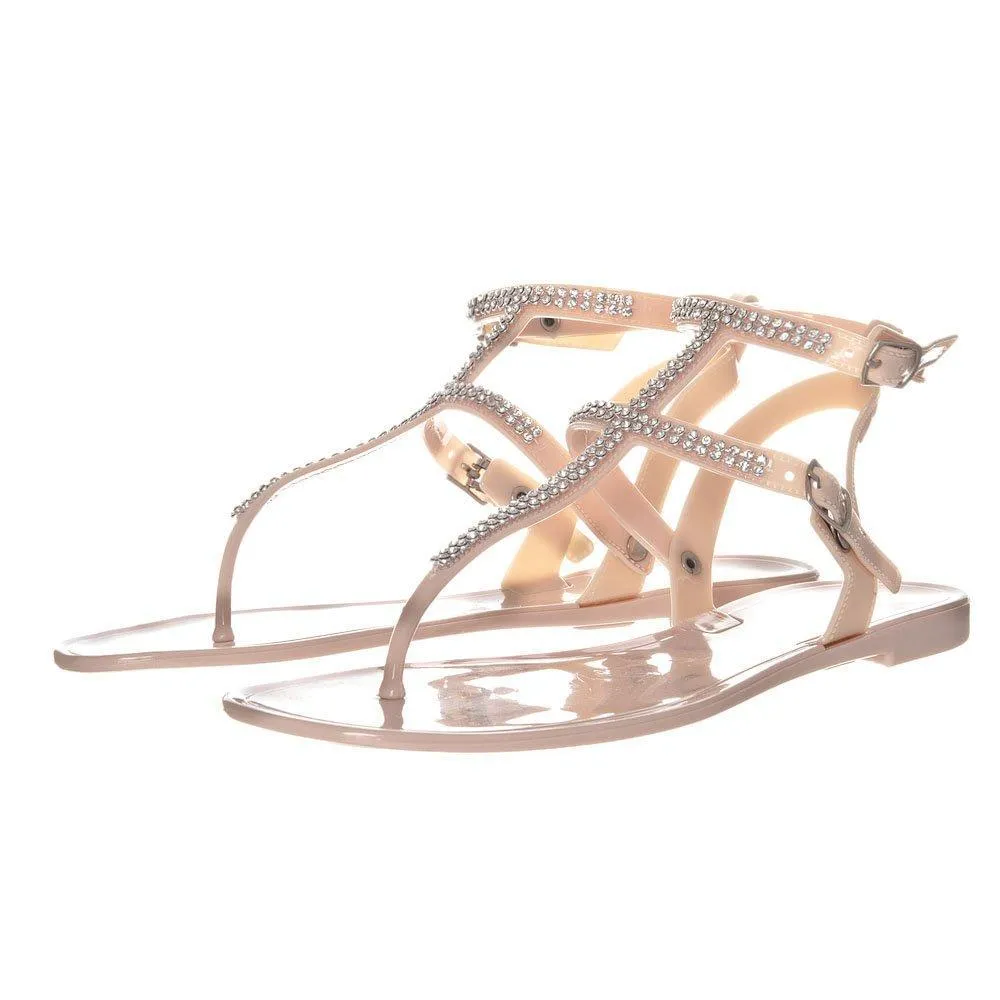 Snow White Flat Diamante  Gladiator T-Bar Sandal