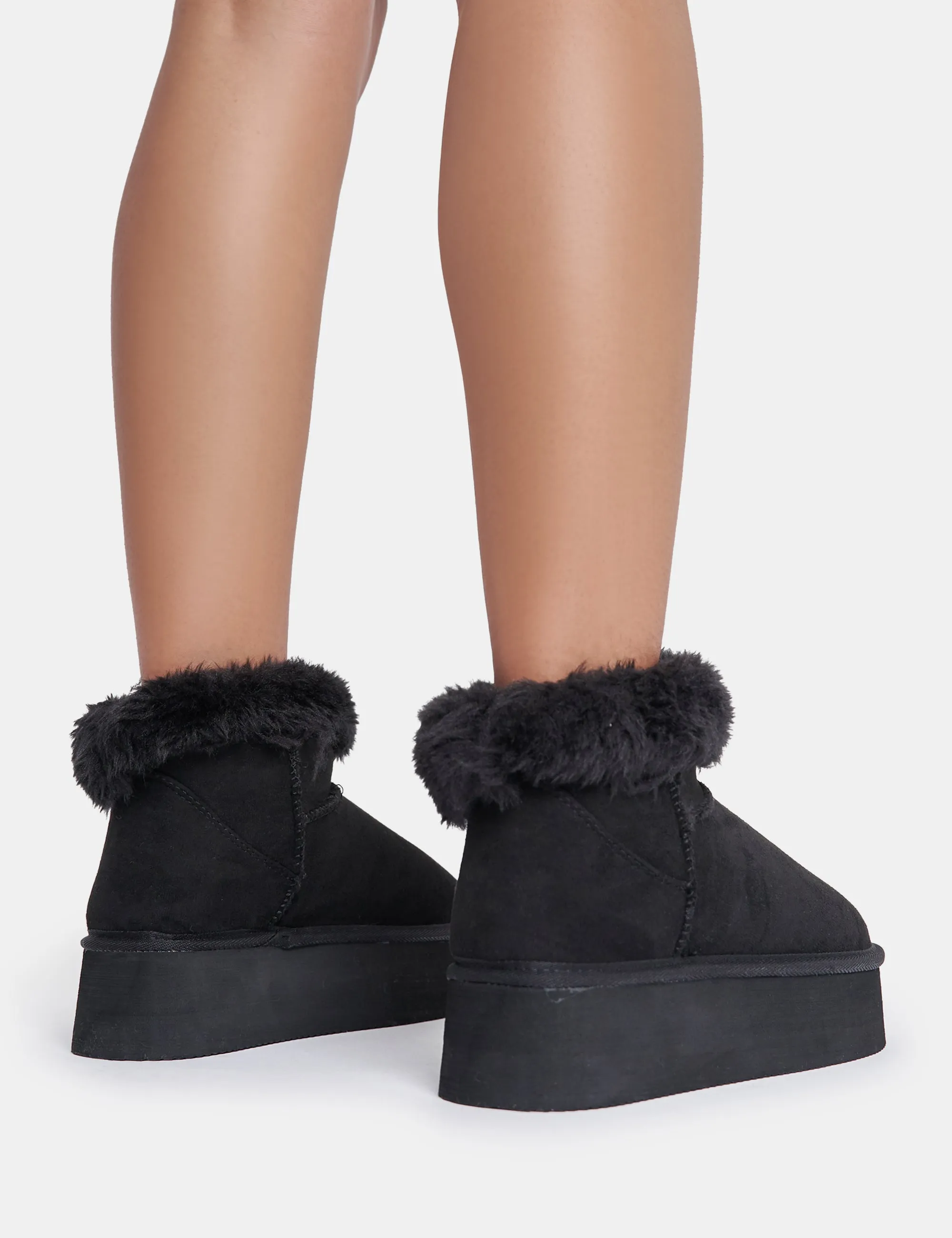 Snowdrop Black Fur Faux Suede Ultra Mini Ankle Platform Boots