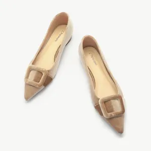 Square Buckle Velvet Flats (Aida) Camel